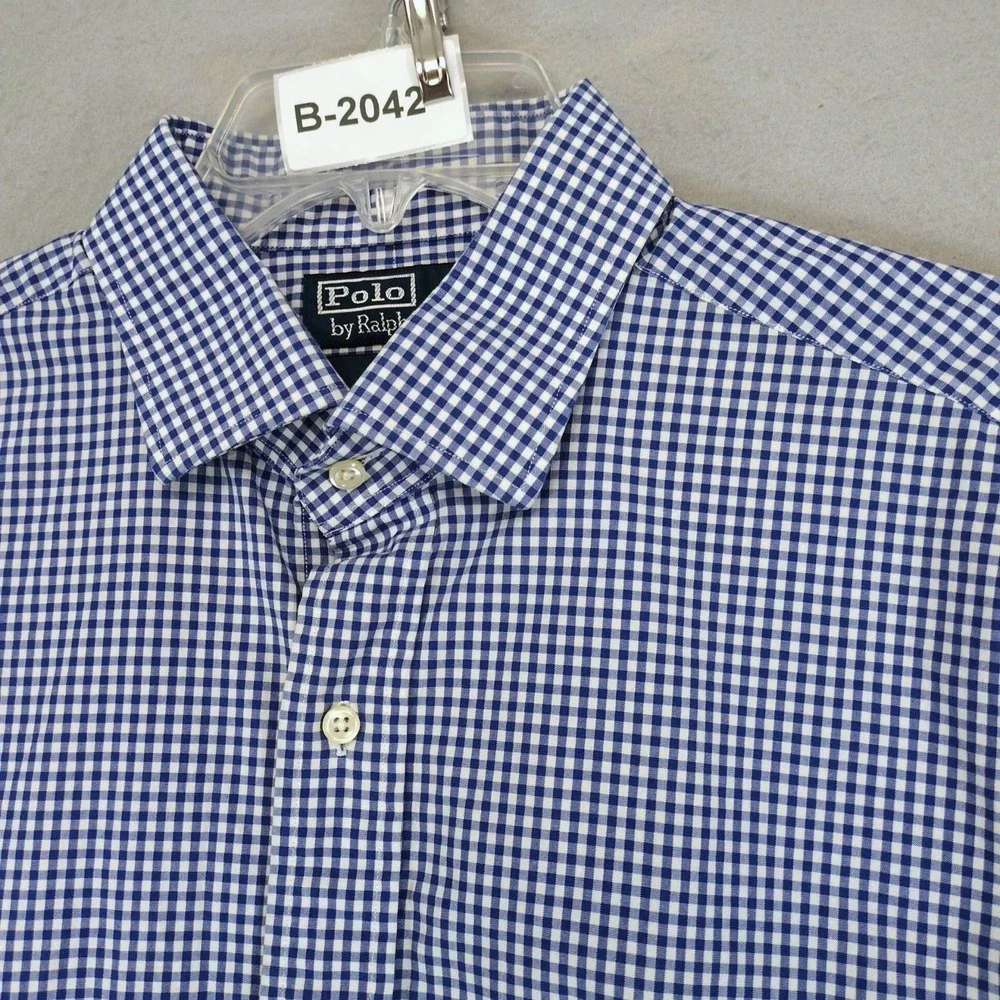 Vintage 90s Polo Ralph Lauren Regent Classic Fit Men 17 Blue Gingham Dress Shirt
